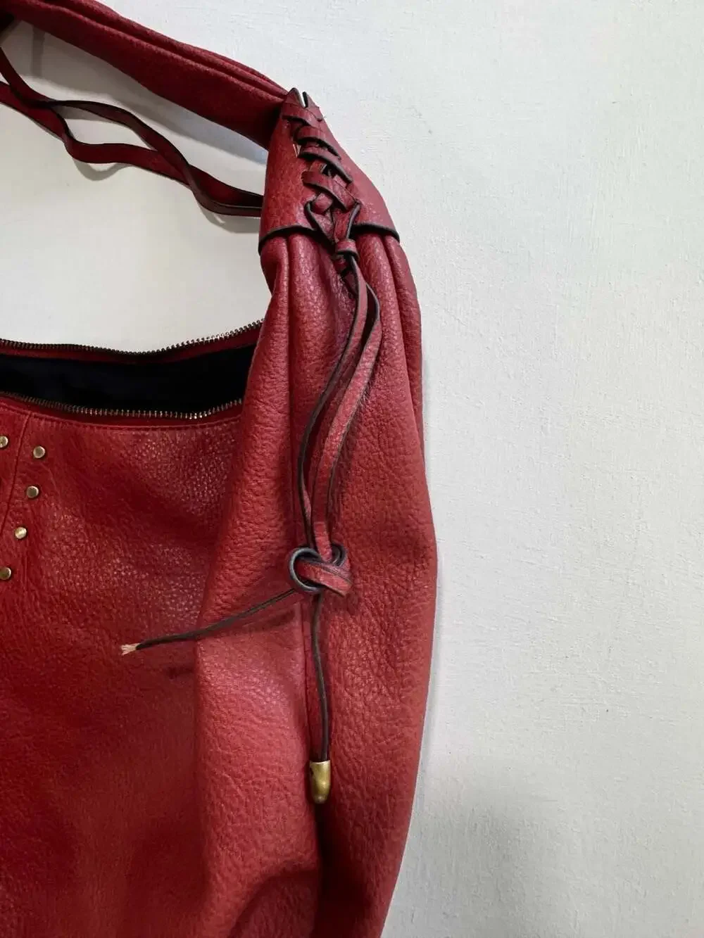 Red Slouchy Hobo Shoulder Bag with Studded Detail and Braided Handle